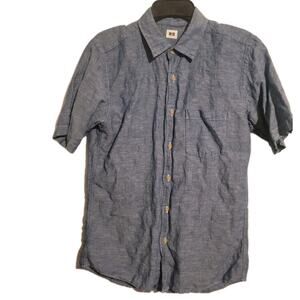 Uniqlo Button Up Shirt Mens M Blue Linen Cotton Blend Short Sleeve Preppy Casual